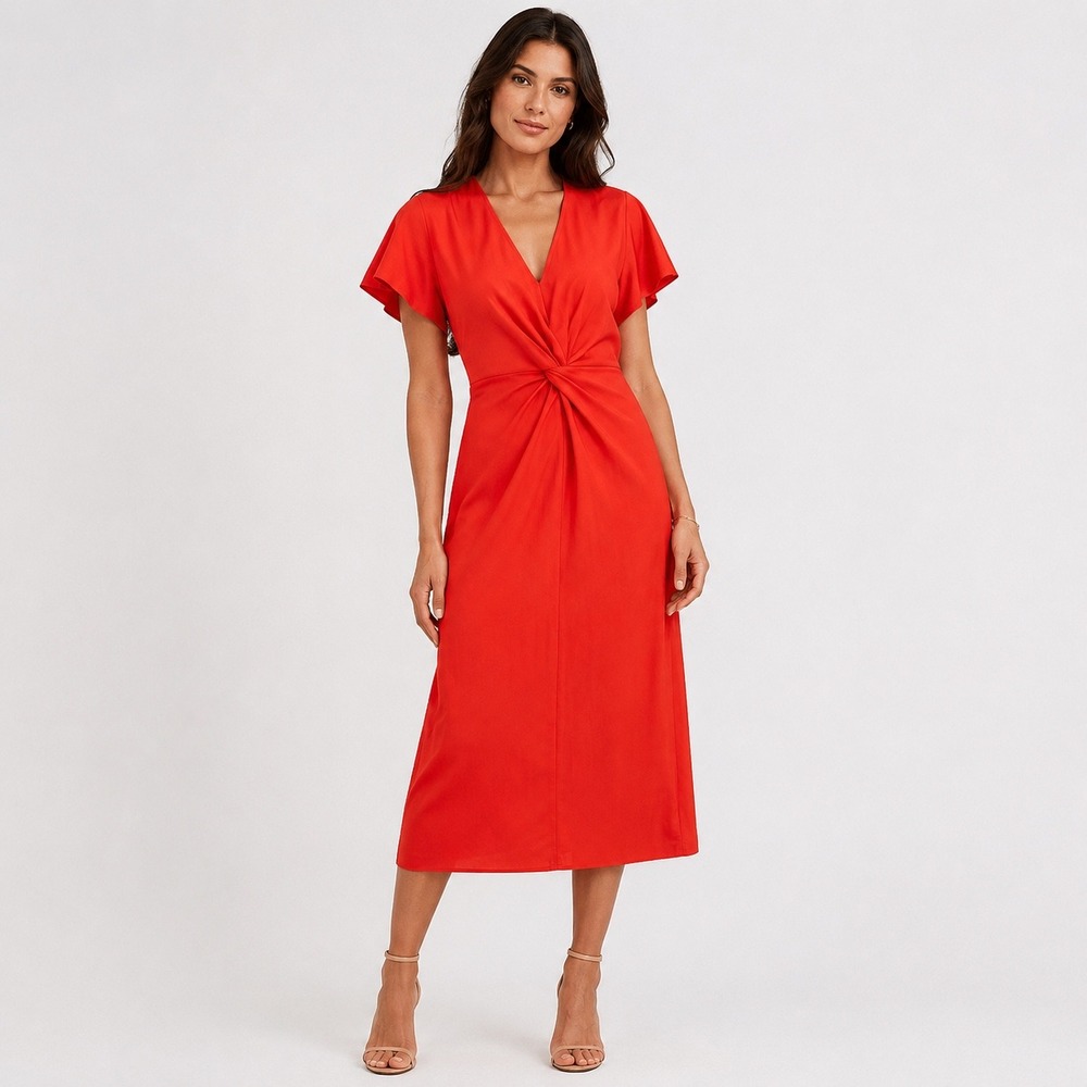 Ted Baker London Womens Orange Twist Front V-Neck Flutter Sleeve Midi Dress Sz 4